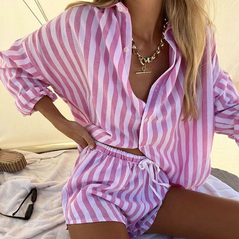 Loose Cardigan Top Striped Casual Shorts Two-Piece Set