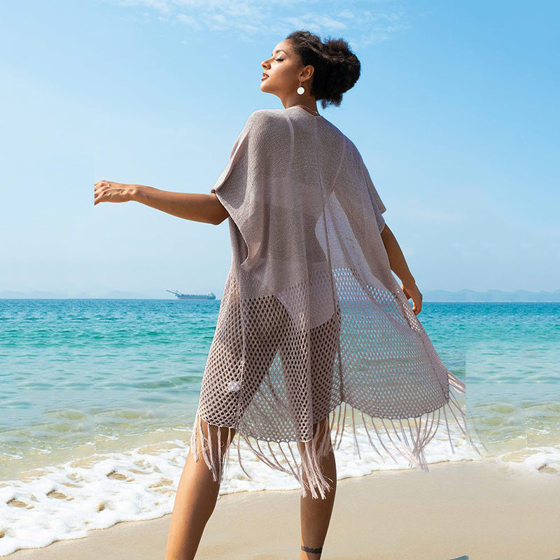 Sun Protection Hollow-out   Sleeve Tassel Solid cover-up
