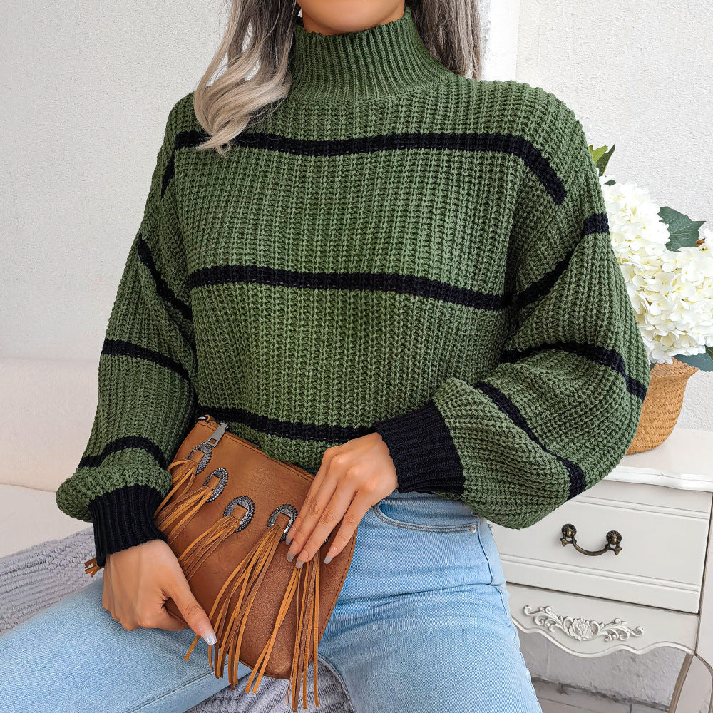 Casual Striped Lantern Sleeve Half Turtleneck Knitted Sweater