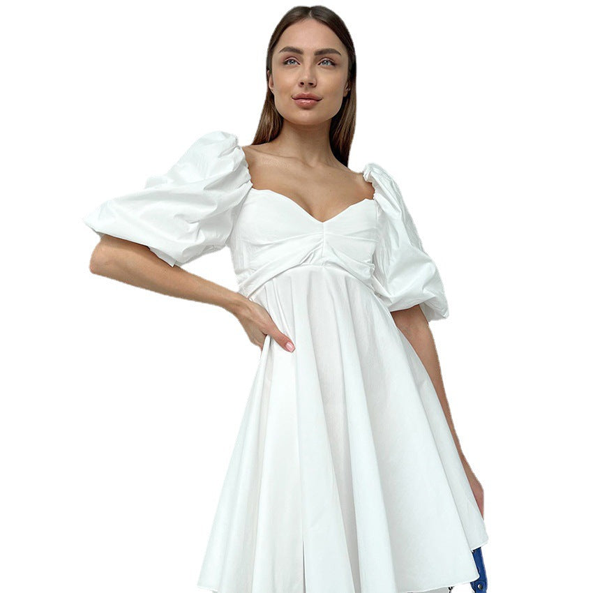 V-neck off-Shoulder Sexy High Waist Puff  White Dress