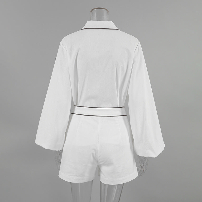 Casual Cotton Linen Long Sleeve Set Design Black White Contrast Color Shirt Shorts Two Piece Set