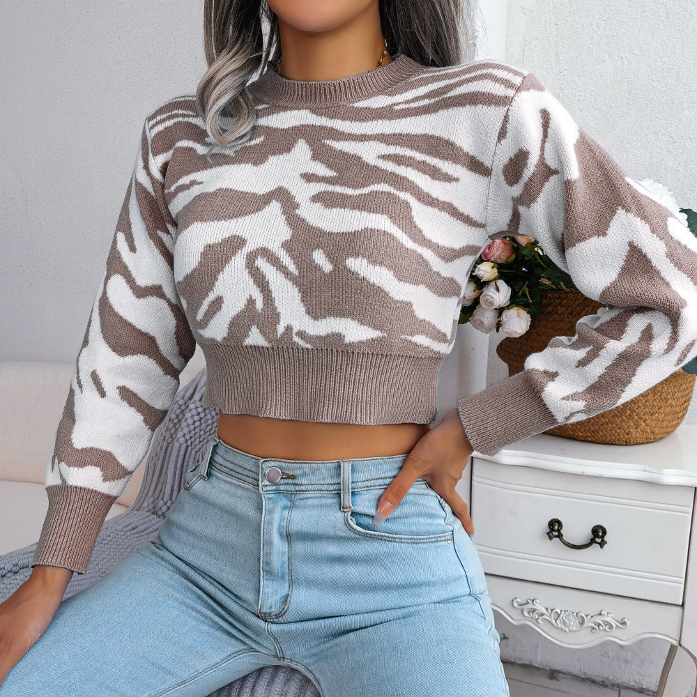 Tiger Pattern Long Sleeves Cropped Sweater