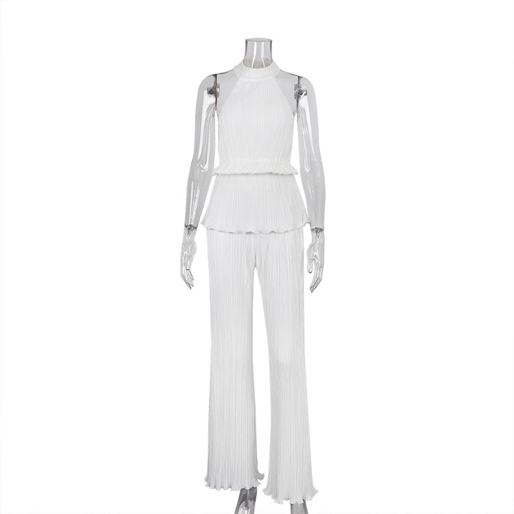 Halte Backless Sleeveless Vest White Pleated High Waist Wide Leg Pants set of 2
