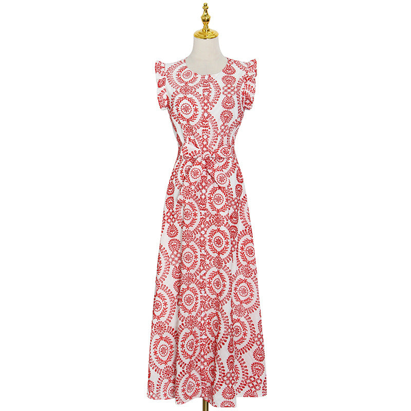 Printed Ethnic Dress  round Neck Single-Breasted Dress
