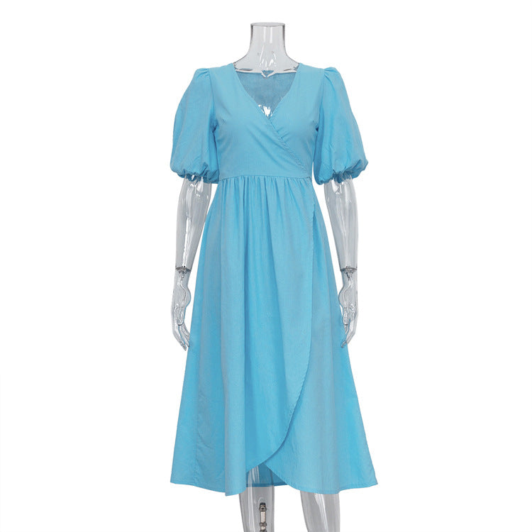 Puff Sleeve Lace up Asymmetric Design A line Dress