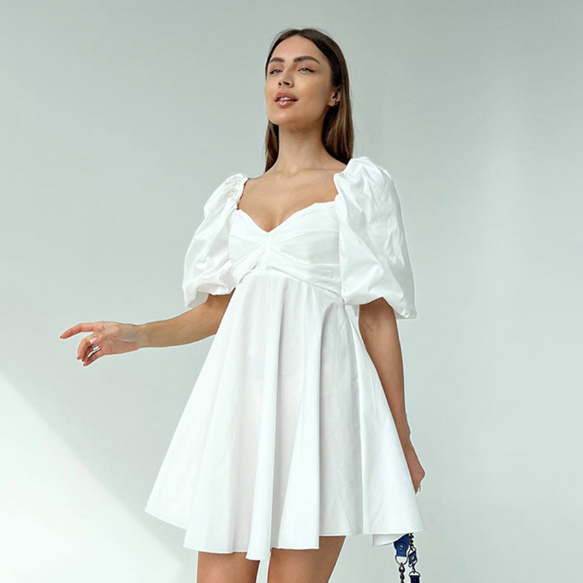 V-neck off-Shoulder Sexy High Waist Puff  White Dress