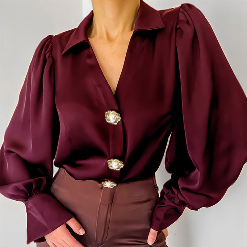 Design Lantern Sleeve Casual Loose Satin Women Shirt