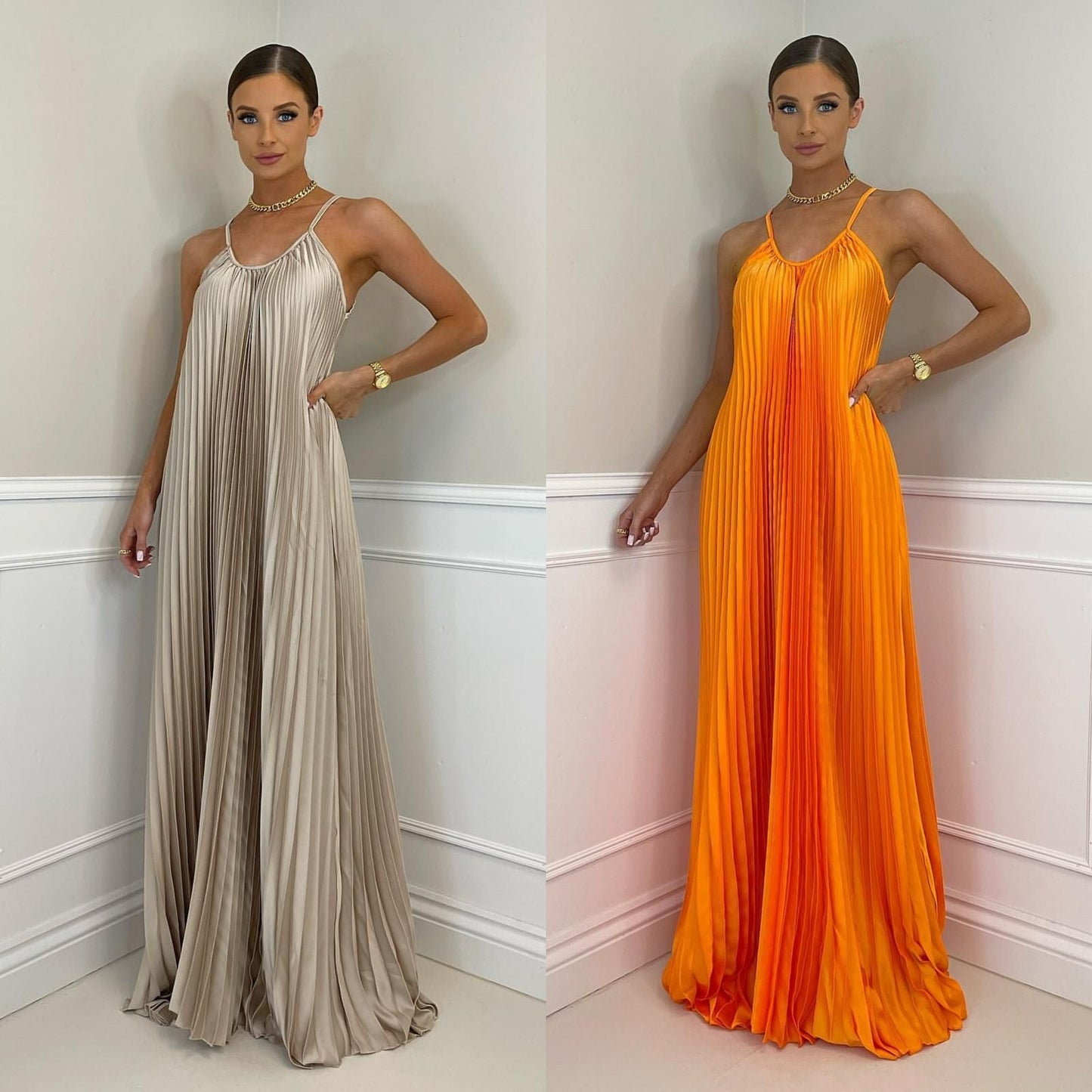 Vacation Banquet Simple Pleated Long Halter Dress