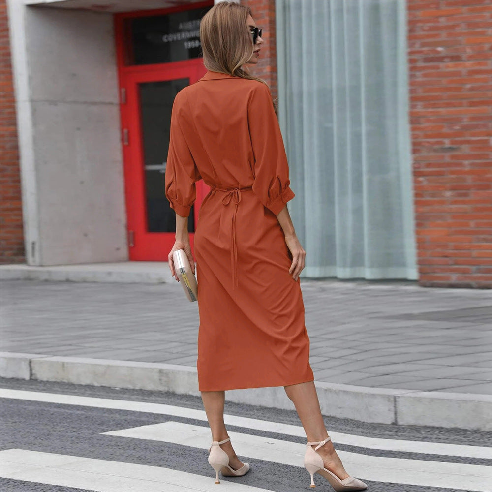 Streetwear V-neck Pure Color All-Matching One Breasted 3/4 Sleeve Dress