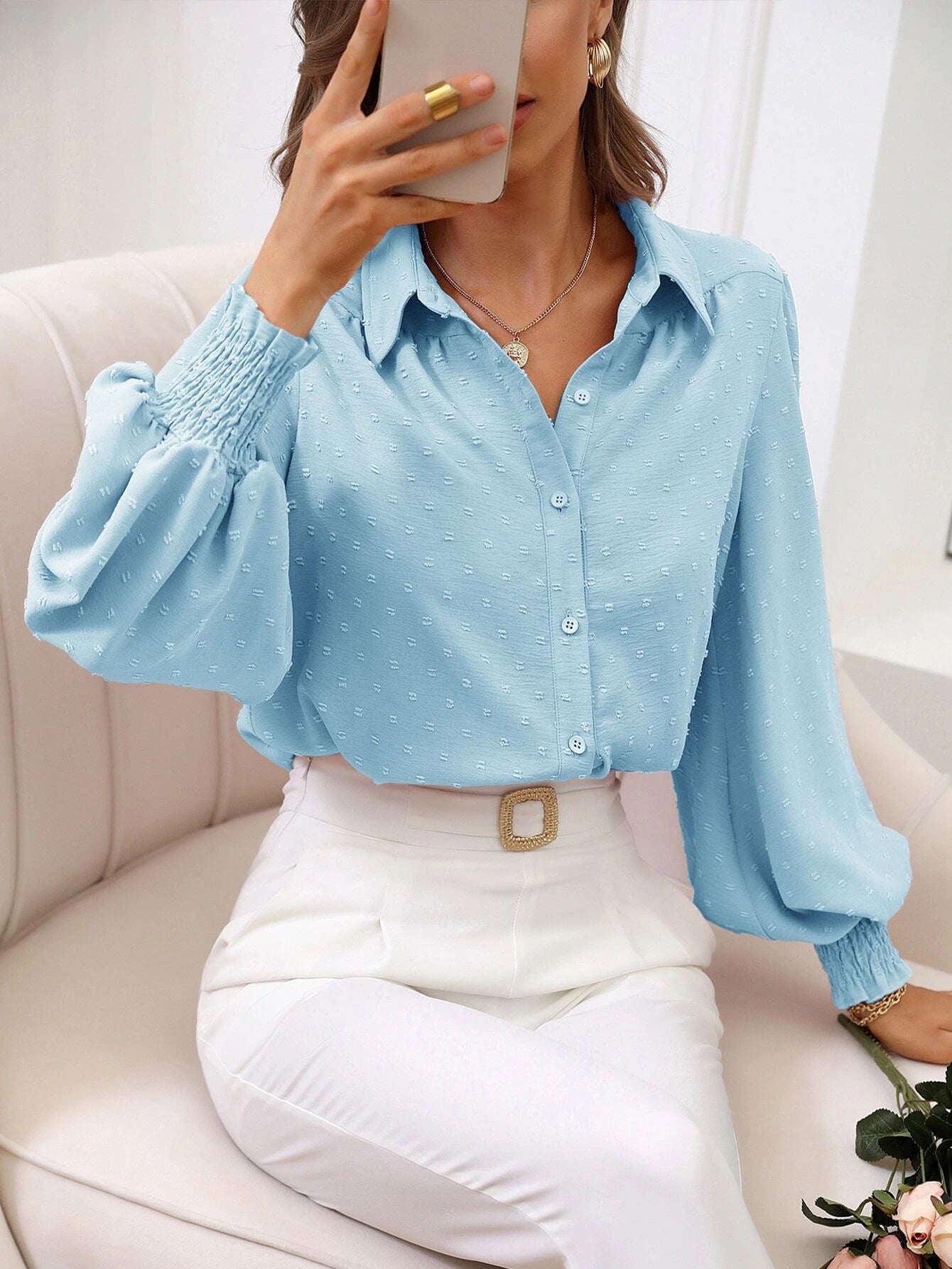 Shirt Collared Lantern Sleeve Solid Color Shirt