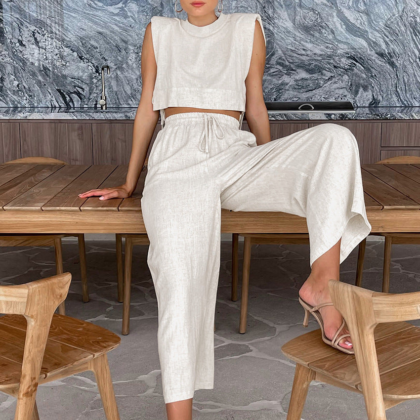 Padded Shoulder Sleeveless Top Trousers Two Piece Set Casual Cotton Linen Suit