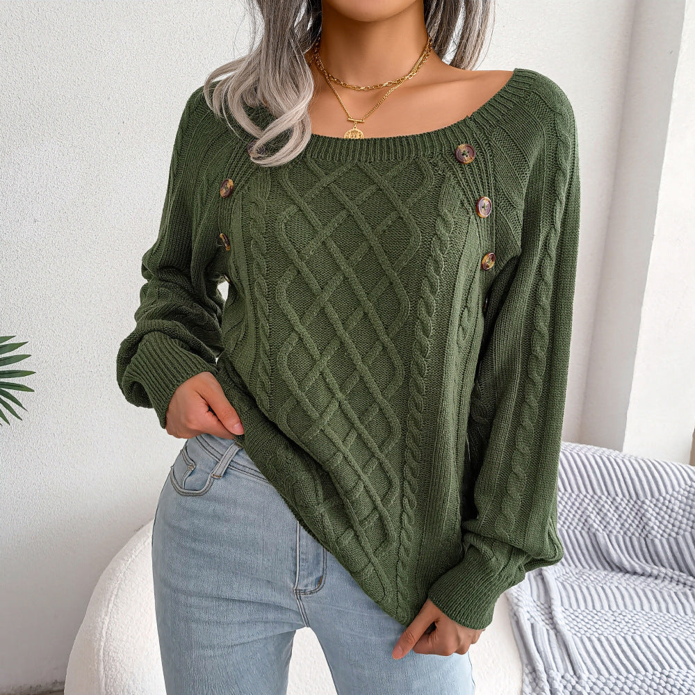 Casual Square Collar Clinch Twist Knitted Pullover Sweater
