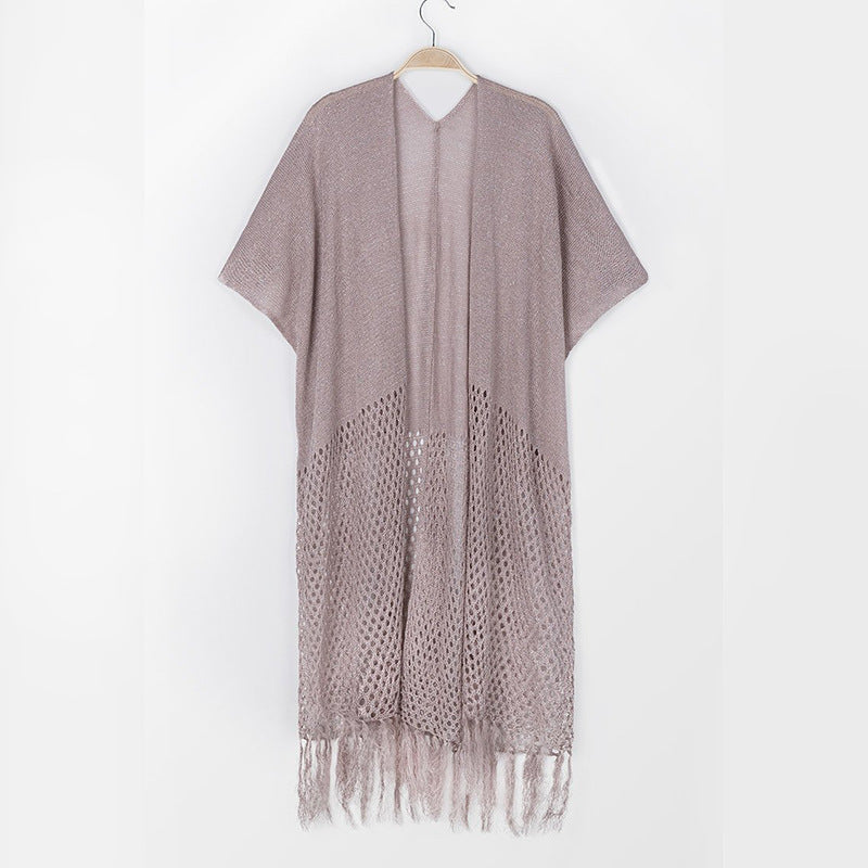 Sun Protection Hollow-out   Sleeve Tassel Solid cover-up