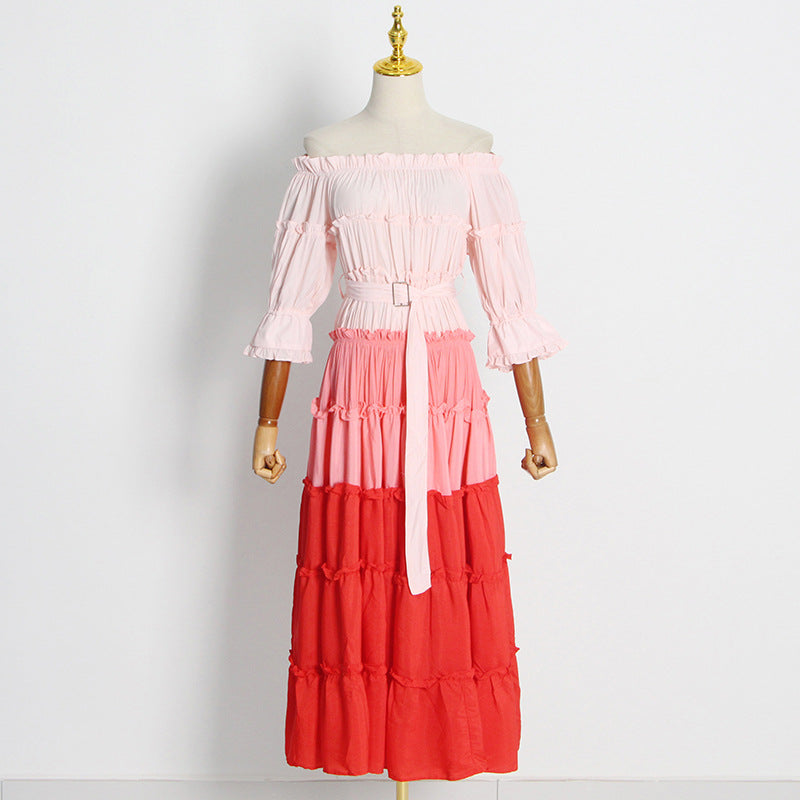 Pink off-Shoulder Color Contrast Patchwork Layered Gradient Flounced dress