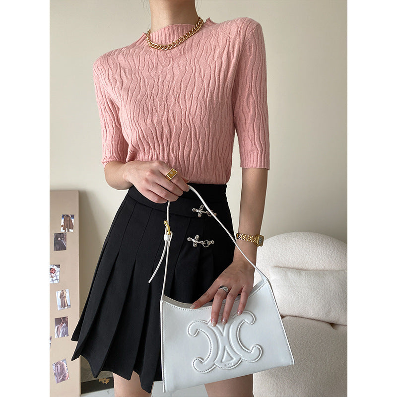 French Style Elegant Slim-Fit Half  Texture Short Sleeve Sweater