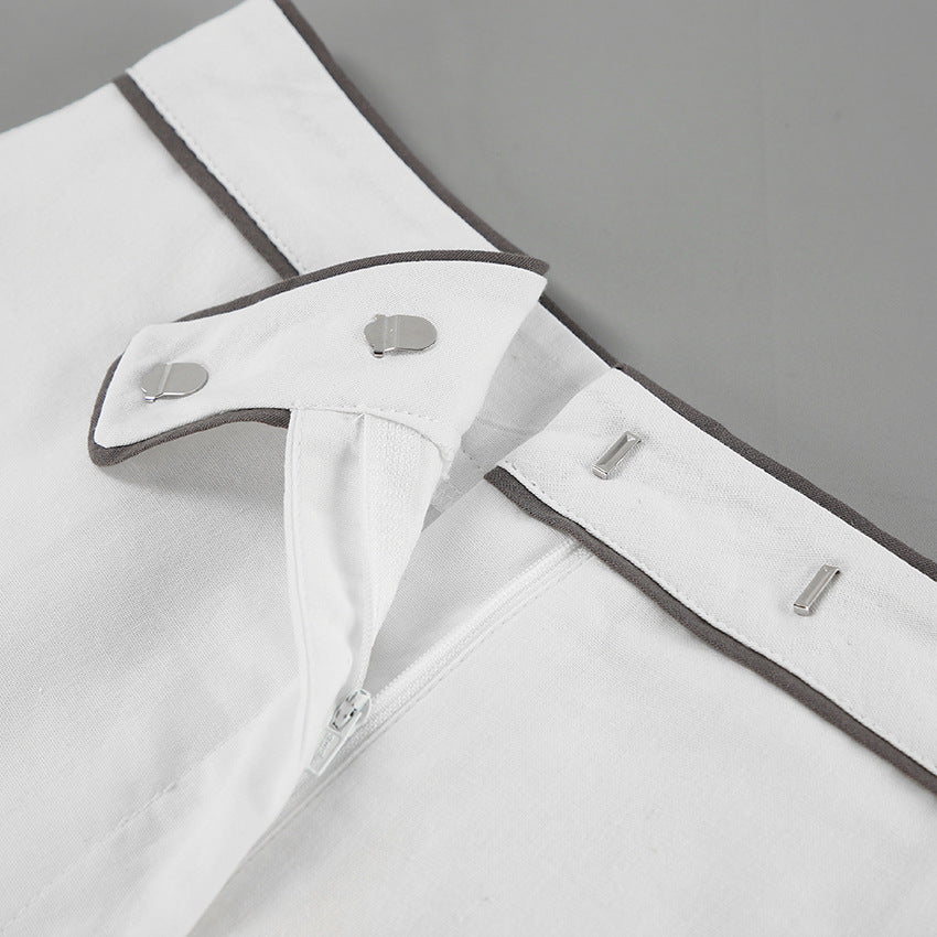 Casual Cotton Linen Long Sleeve Set Design Black White Contrast Color Shirt Shorts Two Piece Set