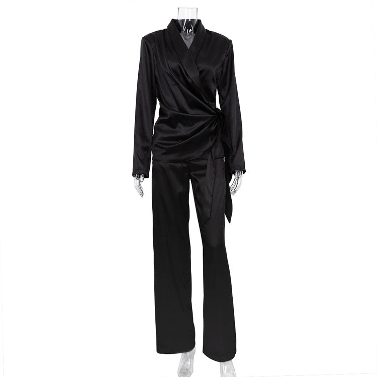Ice Silk Long Sleeve Padded Shoulder Lace-up Shirt Trousers Suit