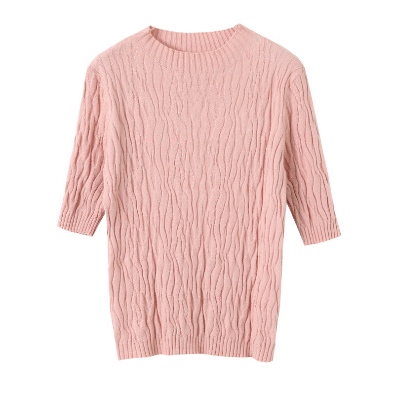 French Style Elegant Slim-Fit Half  Texture Short Sleeve Sweater