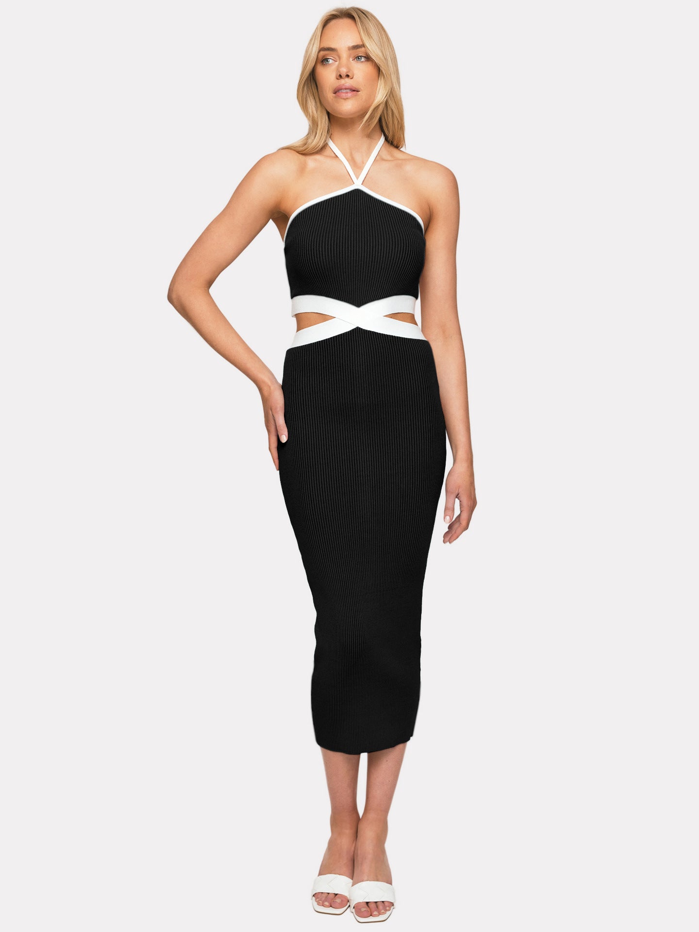 Rope Halter Backless Hollow Out Cutout  Tight Rib Dress