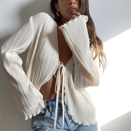 Cardigan Lace-up Sexy Slim Flared Long Sleeve Pleated Shirt