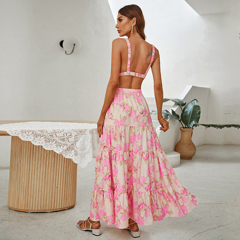 Sleeveless Backless Dress Slim-Fit Pink Printing Slip Dress-Verde Limon Panama