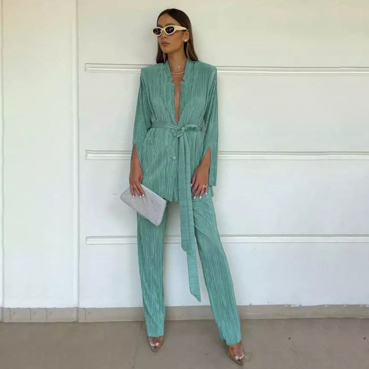 Suit Matching Split Sleeve Lace up Shirt Pleated Pants Two Piece Set