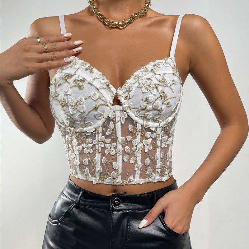 Embroidery Floral Waist Mesh See-through Small Vest