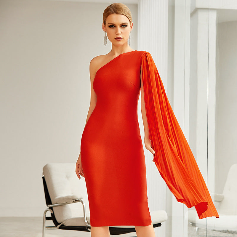 Sleeveless off-Shoulder Orange Throw Sleeve Solid Color Dress