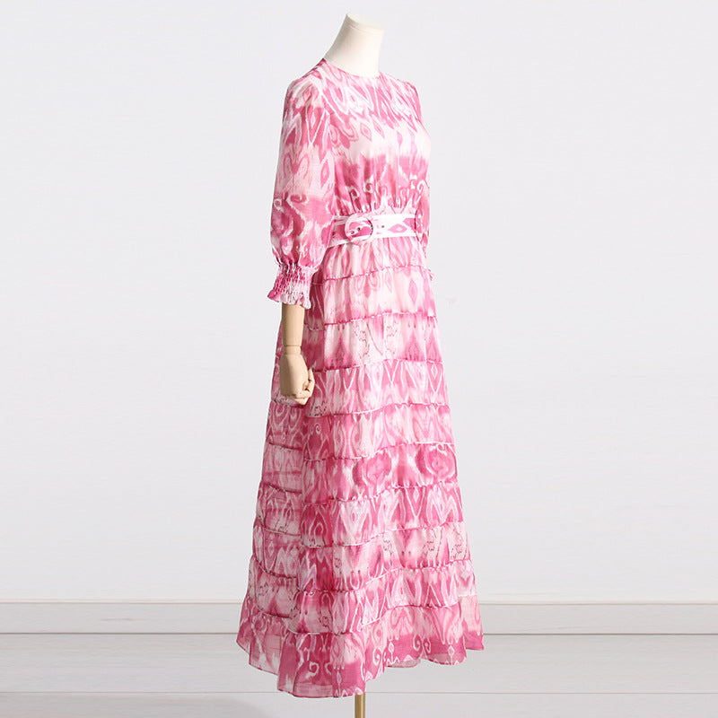 Socialite Round Neck Niche Design High Waist Slimming Printed Maxi Dress
