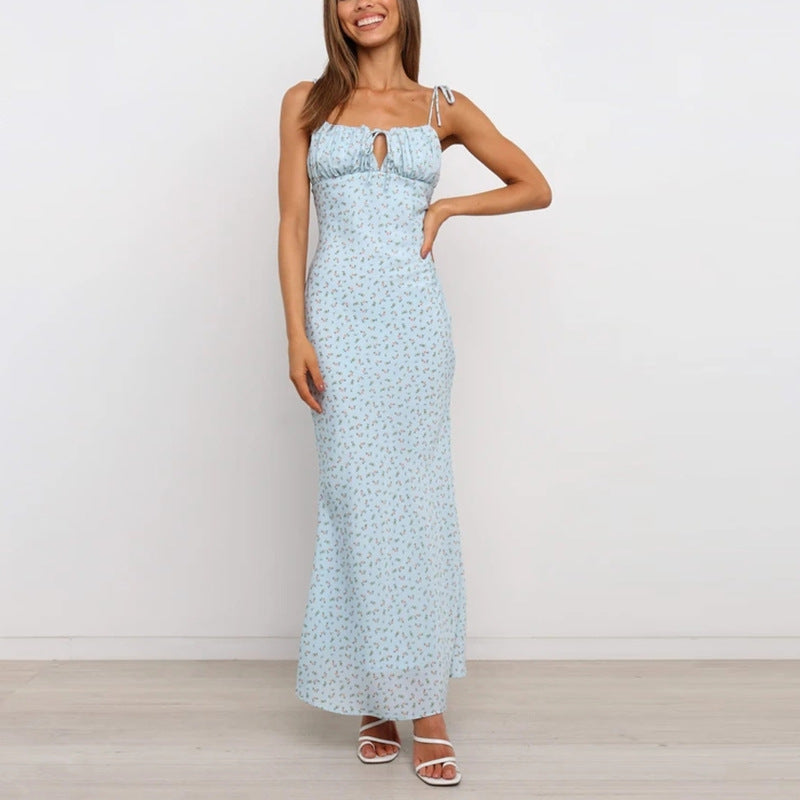 Floral Pleated Backless Tied Spaghetti-Strap Maxi Dress