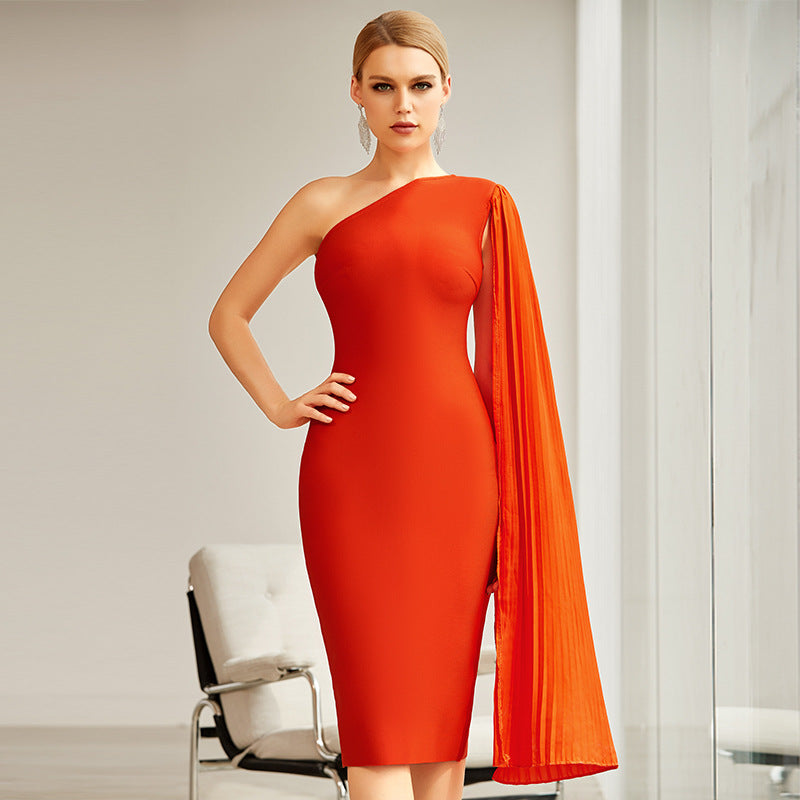 Sleeveless off-Shoulder Orange Throw Sleeve Solid Color Dress