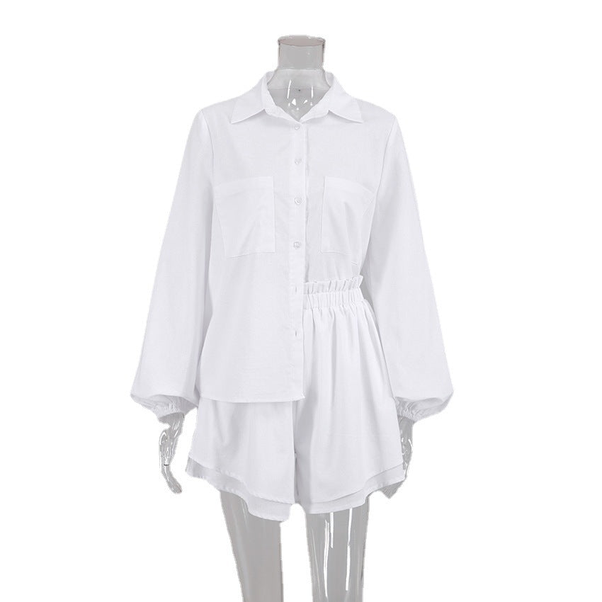 Cotton Linen Long-Sleeve Blouse Ruffled Shorts Two-Piece