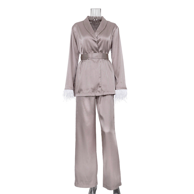Lazy Suit French Feather Long Sleeve Lace up Satin Two Piece Set