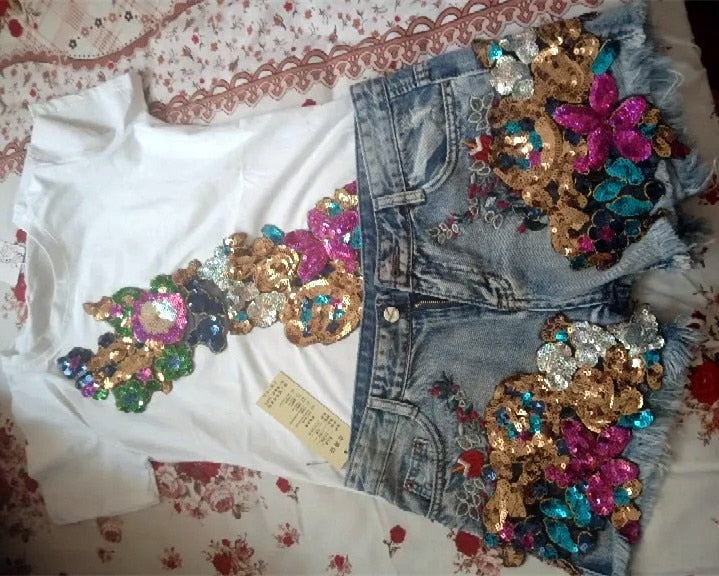 Flowers Sequined Appliues White Cotton top and Denim Jeans Shorts