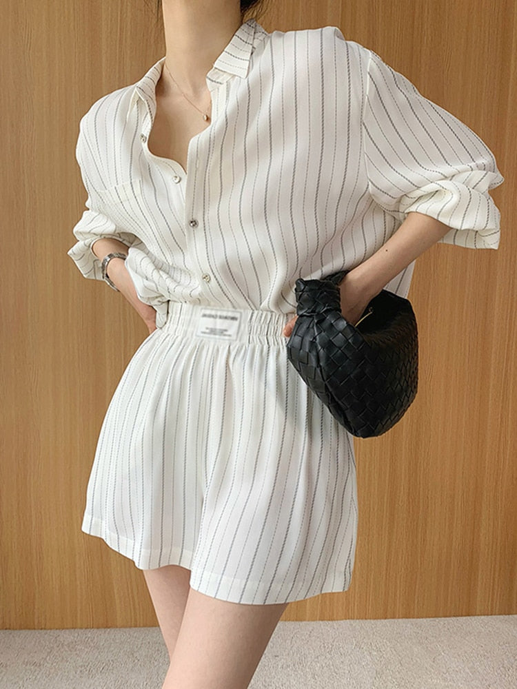 Striped Casual Shorts Sets  Lapel Long Sleeve Straight Shirts High Waist Short Loose