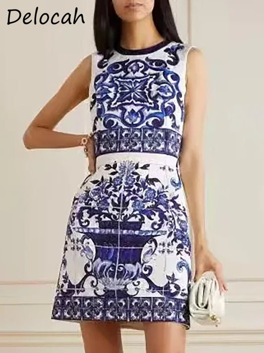 Mini Dress Blue And White Porcelain Printing Elegant Sleeveless Tank Dresses