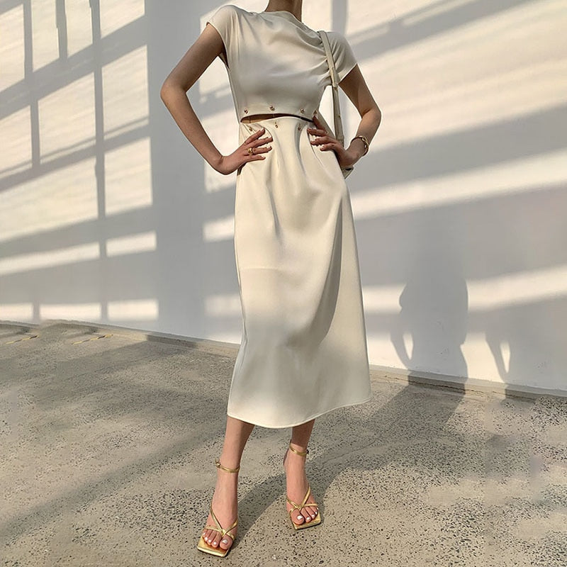 Elegant White Long Dress Round Neck Short Sleeve High Waist Cut Out Midi Dresses