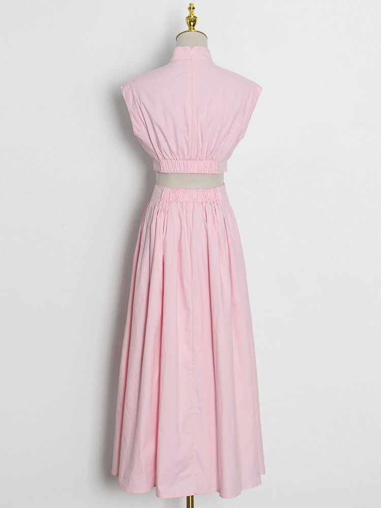 Cut Out Dress For  Stand Collar Sleeveless High Waist Minimalist Midi Dresses