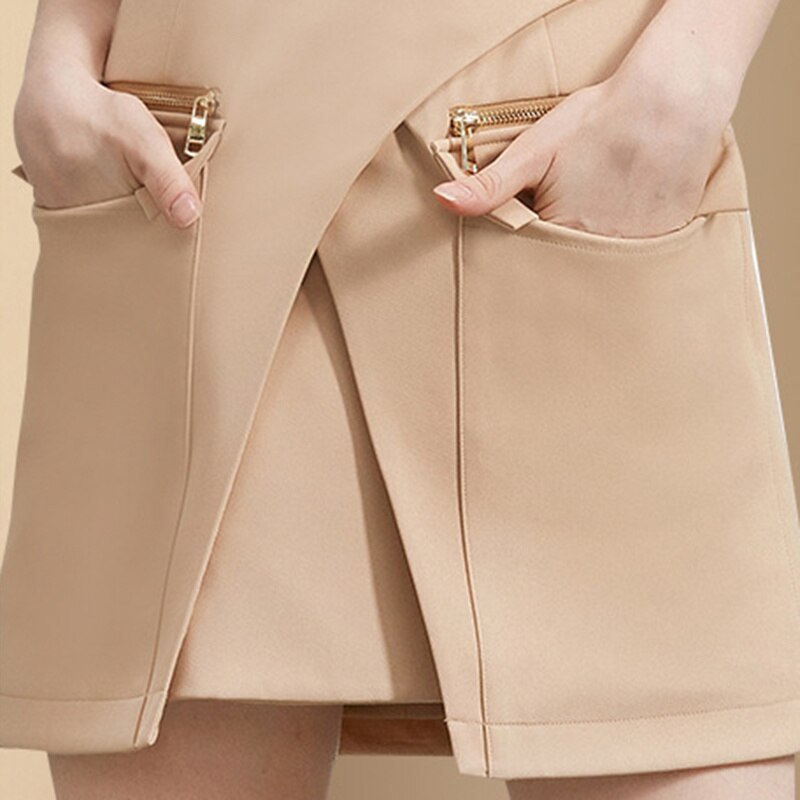 Casual Khaki Two Piece Set Notched Long Sleeve Blazer High Waist Irregular Mini Skirt