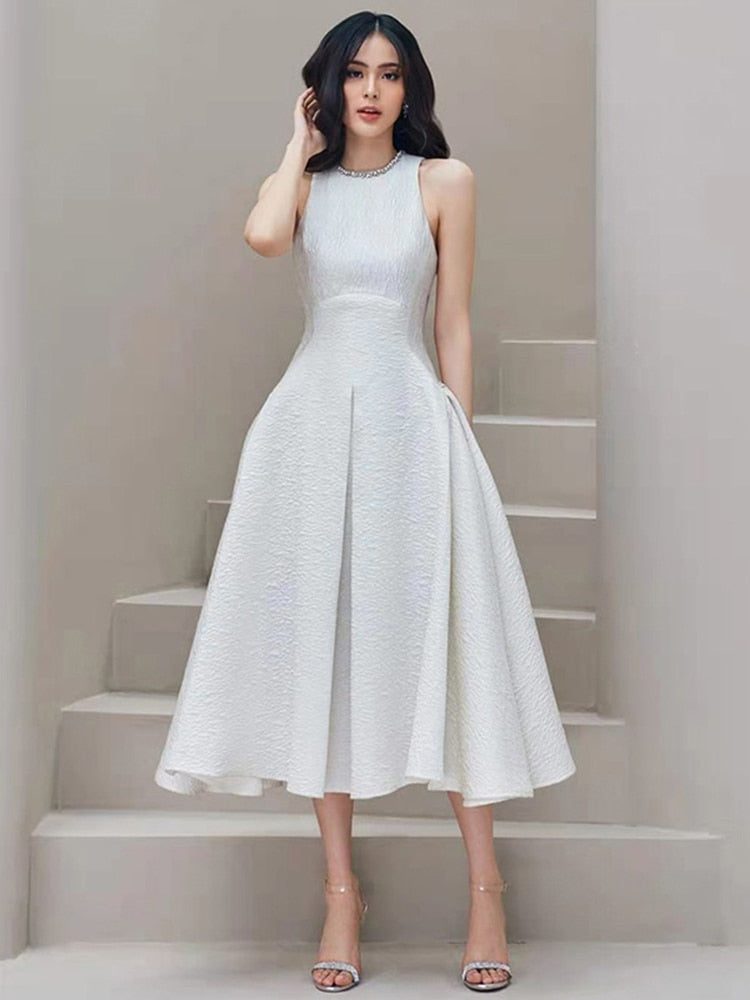 Elegant White Patchwork Diamonds Evening Long Dress