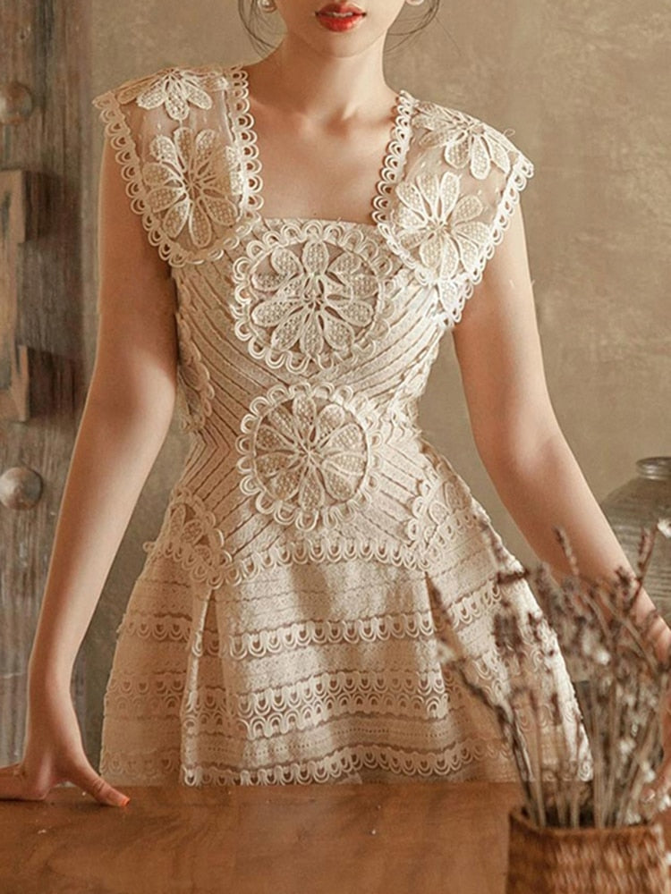 Elegant Embroidery Dress  Square Collar Short Sleeve High Waist Midi Dresses