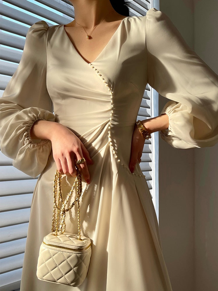 V Neck Lantern Sleeve High Waist Solid Ruched Minimalist Midi Dresses