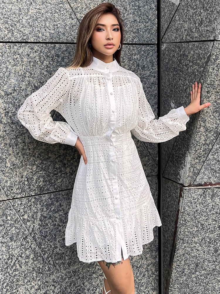 Casual Cut Out  Dress Stand Collar Long Sleeve High Waist Single Breasted Dresses
