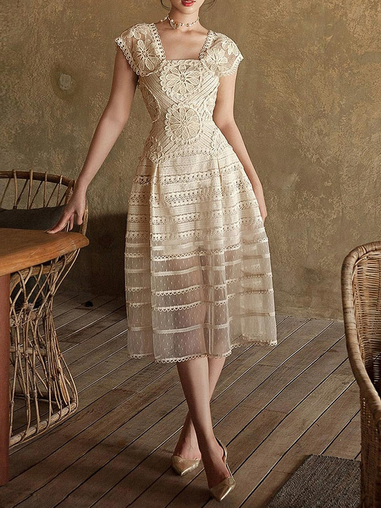 Elegant Embroidery Dress  Square Collar Short Sleeve High Waist Midi Dresses