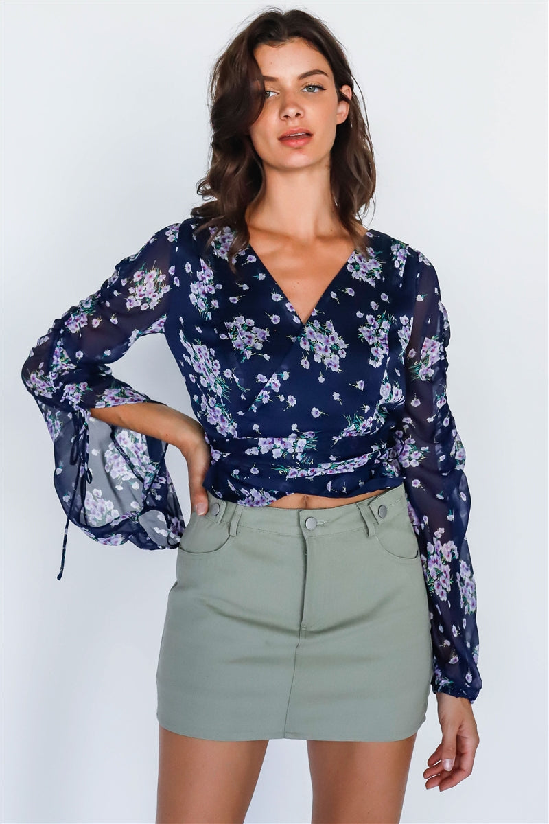 Navy Multi Color Floral Print Ruched Detail Sleeve Wrap Top