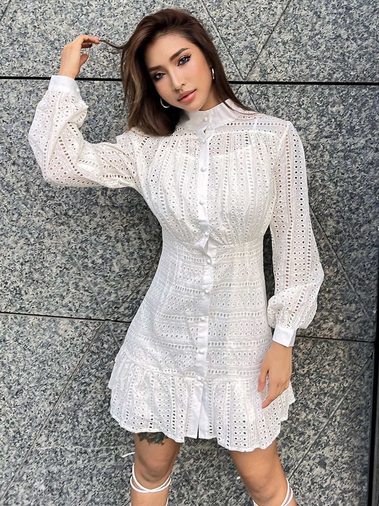 Casual Cut Out  Dress Stand Collar Long Sleeve High Waist Single Breasted Dresses
