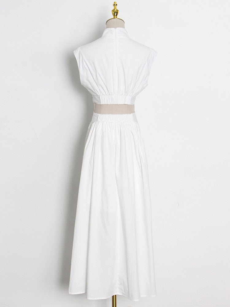 Cut Out Dress For  Stand Collar Sleeveless High Waist Minimalist Midi Dresses