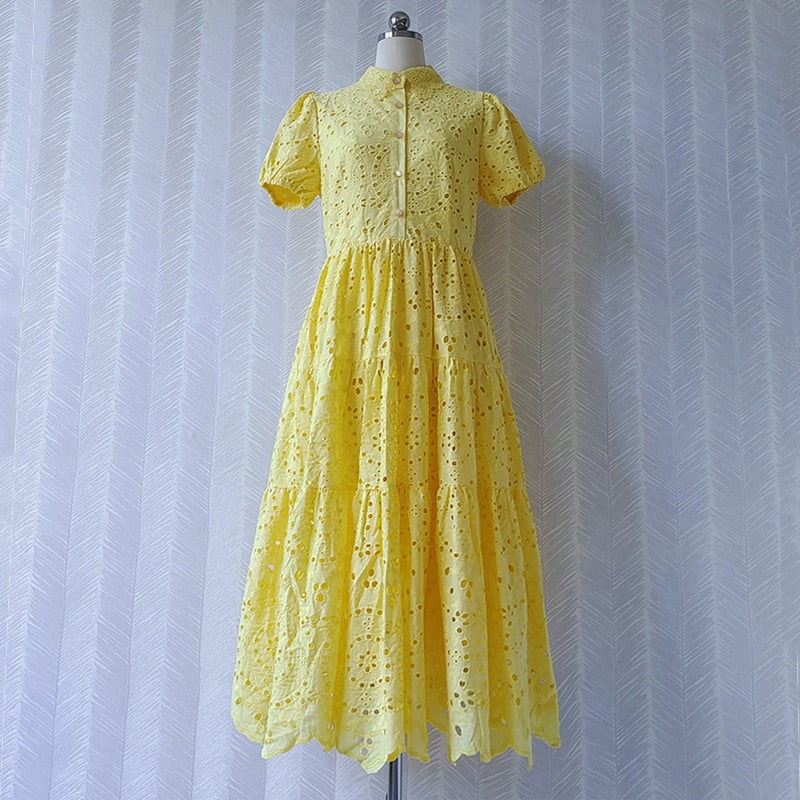 yellow lace midi dress fashion n turn down collar dresses-Verde Limon Panama